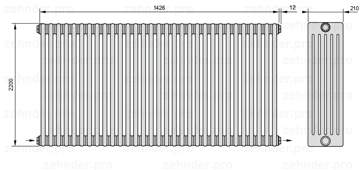 Схема (чертеж) Радиатор Zehnder Charleston 6220/31 №2670 Белый глянцевый RAL 9016